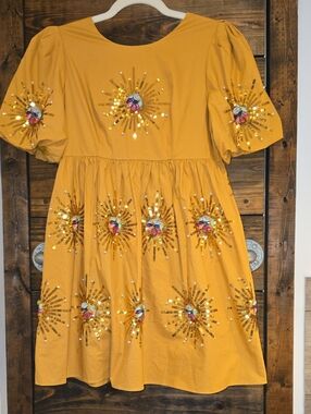QUEEN OF SPARKLES Mustard Yellow Sequin Sunburst Mini Dress
